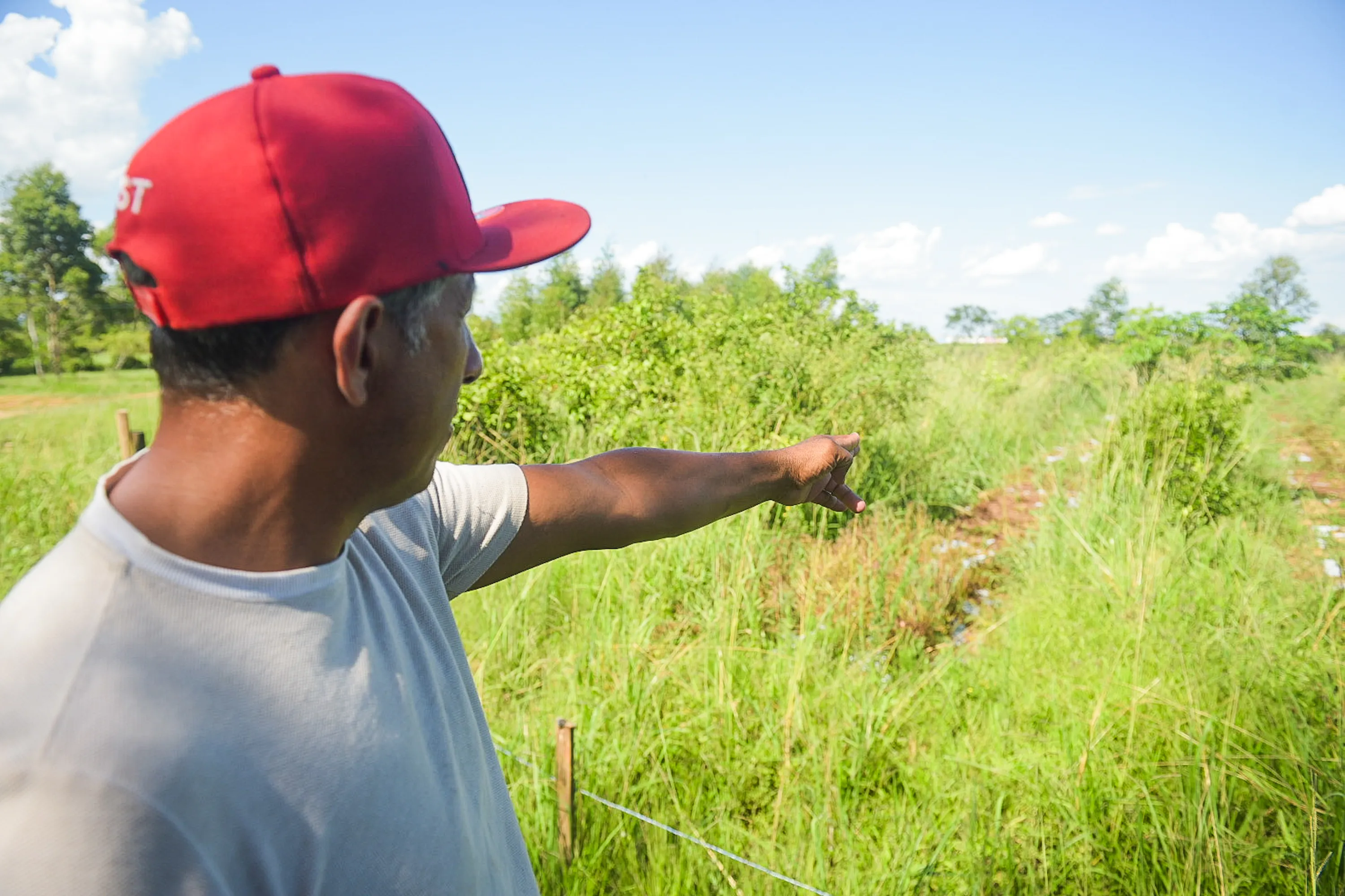A farmer in Eldorado do Sul points at his orchard. He and other members of the Landless Workers' Movement are advocating to build their own power station. Photo by Alass Derivas.