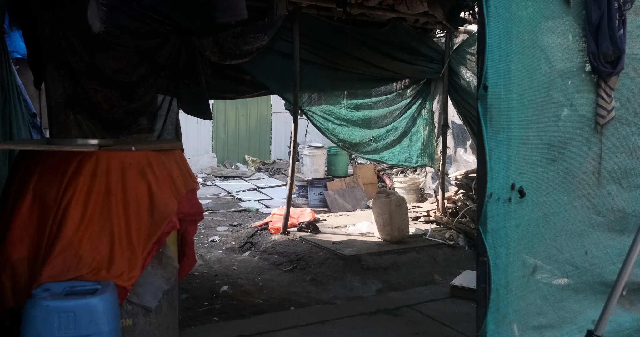 Munni Devi's makeshift home at Hiranandani Gardens where she has been living since demolition of her previous home. She says she faces constant threat of another eviction.